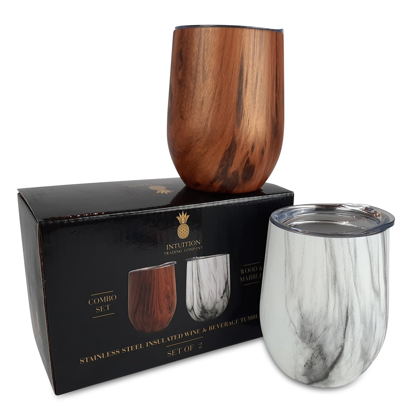 Double Wall Insulated 12oz Wine Tumblers, Set of 2, Wood & Marble Print Design