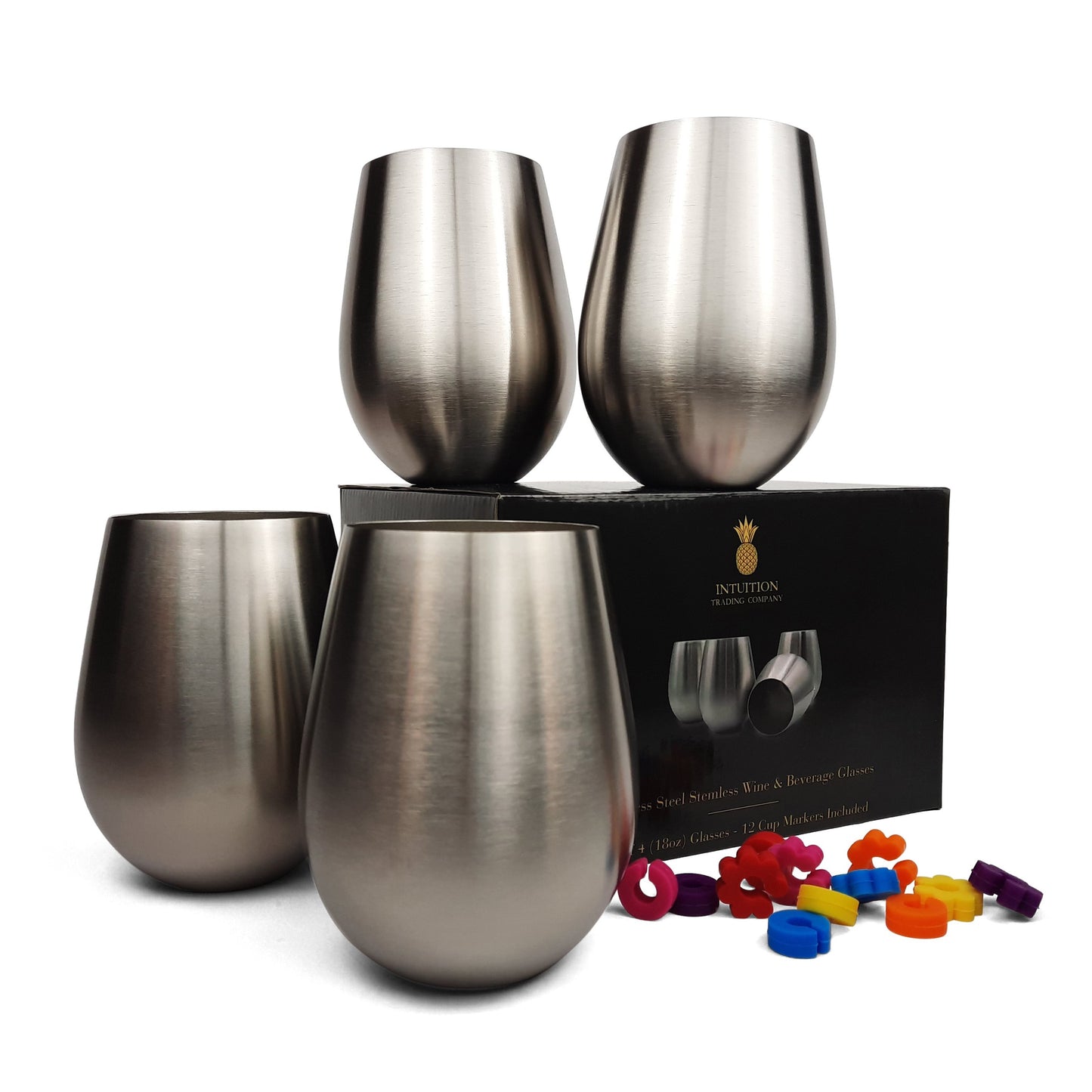 Stainless Steel 18oz Stemless Wine Glasses, Set of 4, with Cup Markers